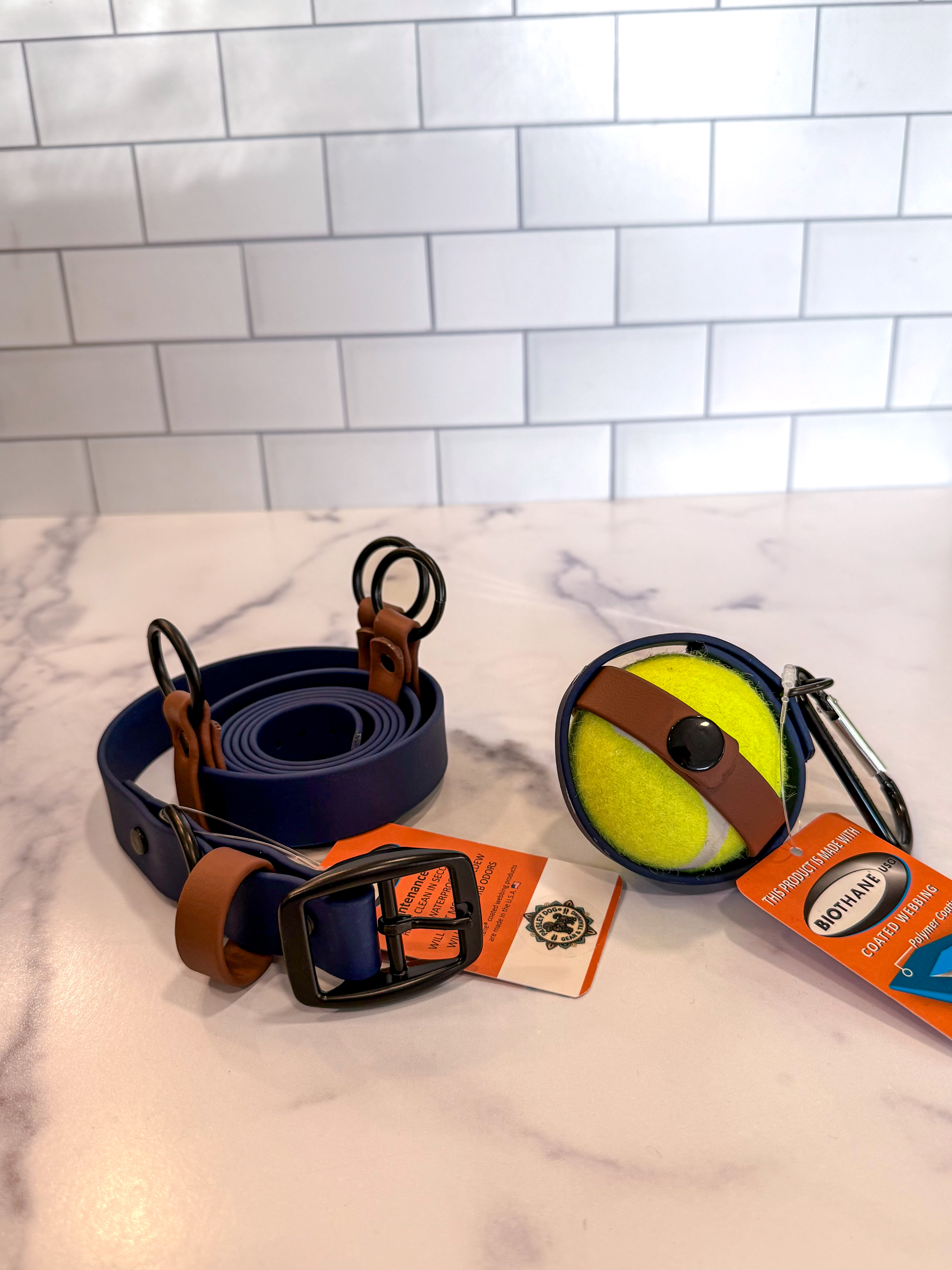 Item: Utility belt and matching ball holder | Size: XXL custom | Width: 1 in | Colors: Deep Sea & Brown 522 | Hardware: black