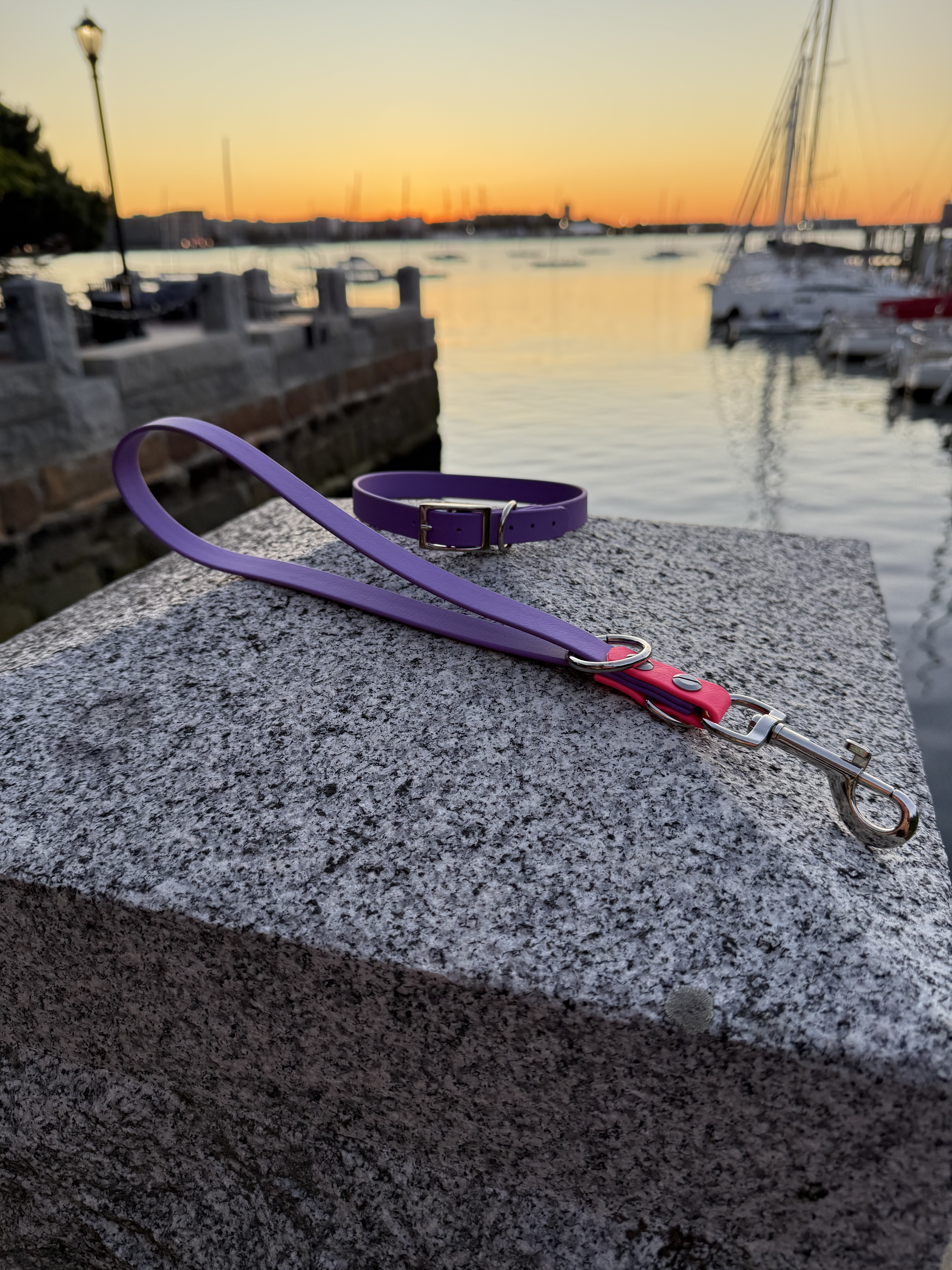 Item: Traffic handle + collar set | Width: 5/8 in | Colors: Amethyst Purple & Pink 521 | Hardware: silver | Custom: Matching pull tab and collar for quick control