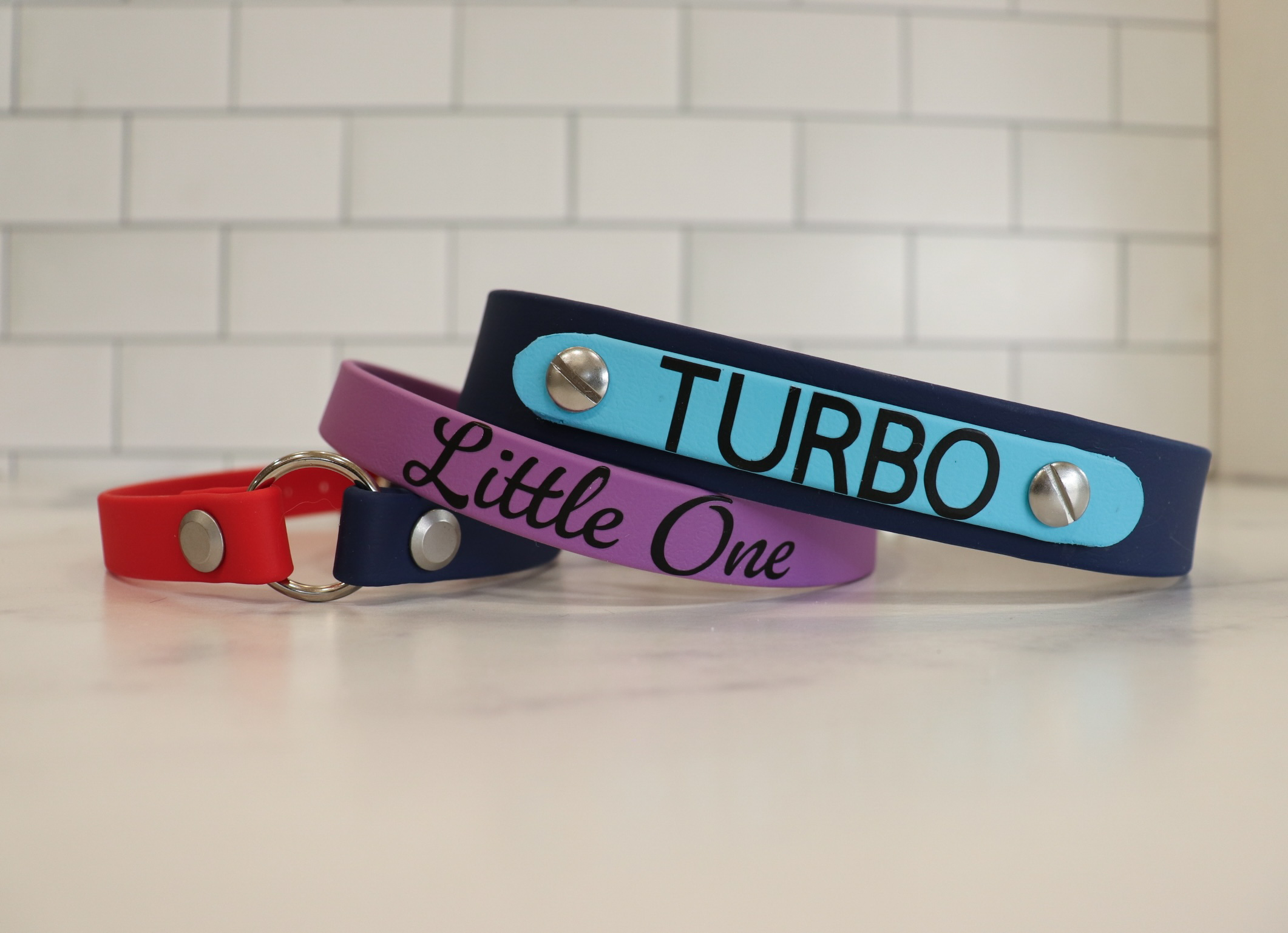 Item: Custom collar collection | Widths: 5/8 in & 1 in | Colors: Multiple colorways | Hardware: silver | Custom: Examples of different color and style combinations