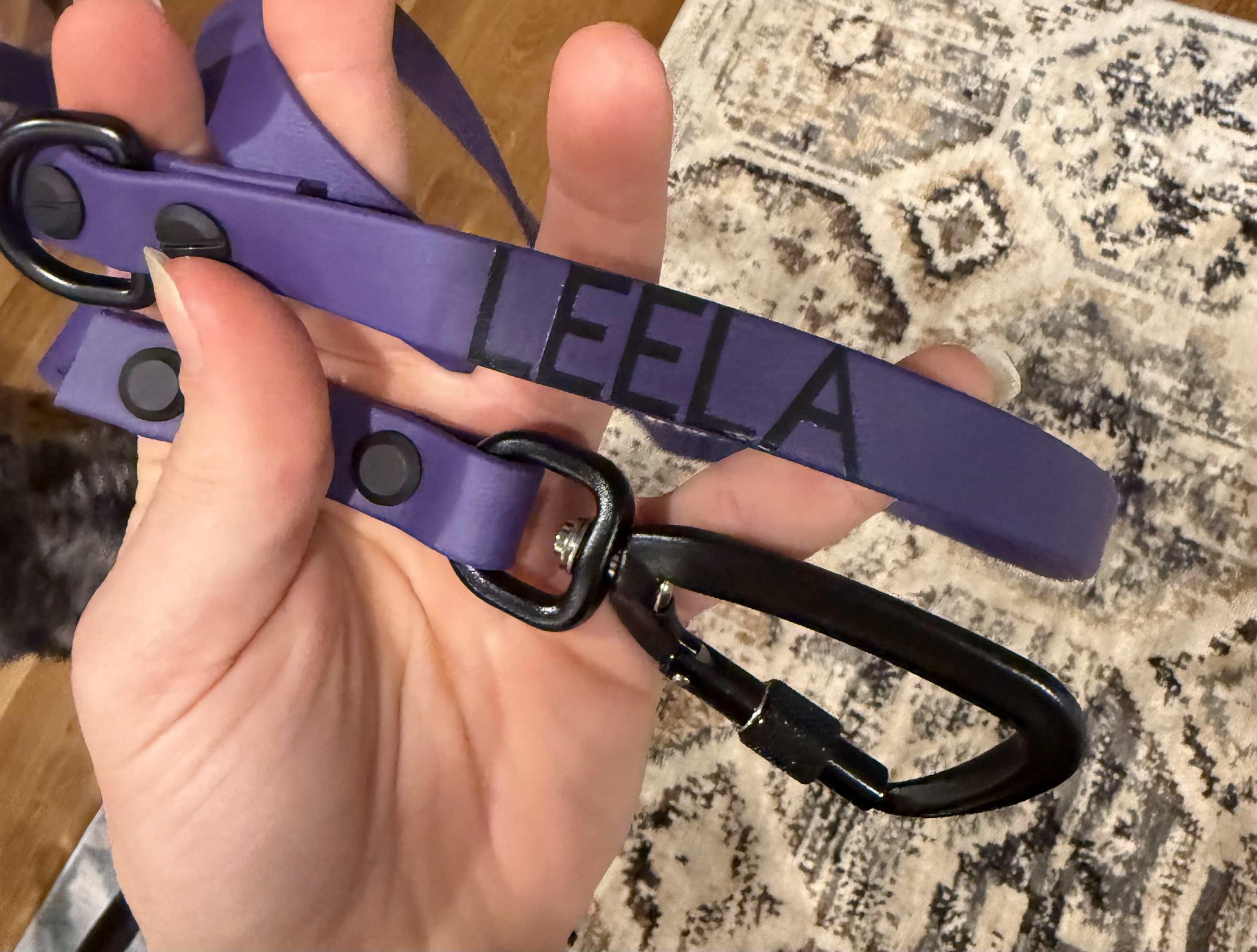 Item: Custom HTV name detail | Width: 5/8 in | Colors: Violet with black lettering | Hardware: black | Custom: Heat-transfer vinyl name for personalization