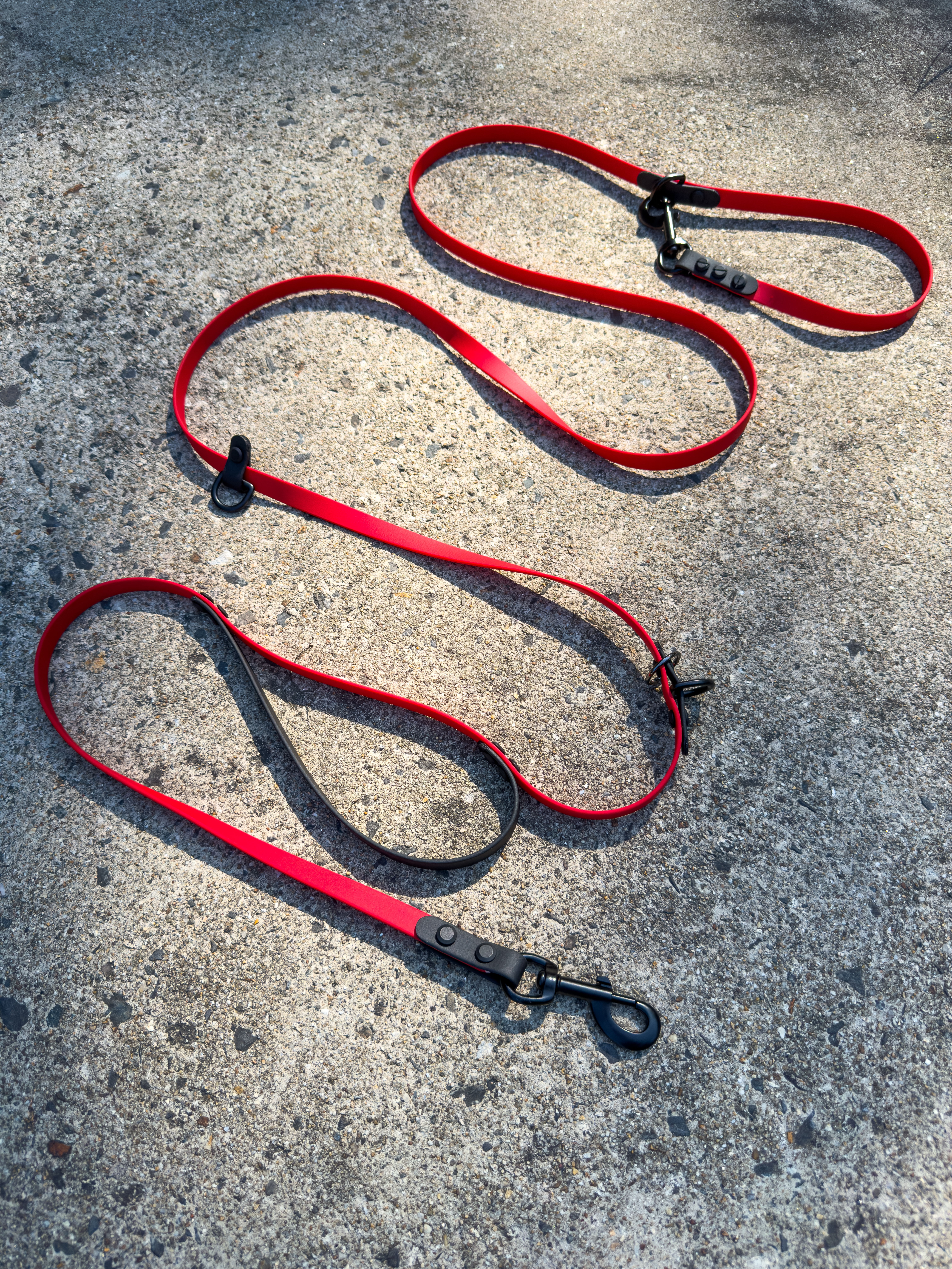 Item: Hands-free leash system | Length: 7 ft | Width: 5/8 in | Colors: Red & Black | Hardware: black | Custom: Built-in traffic handle 18 in above base