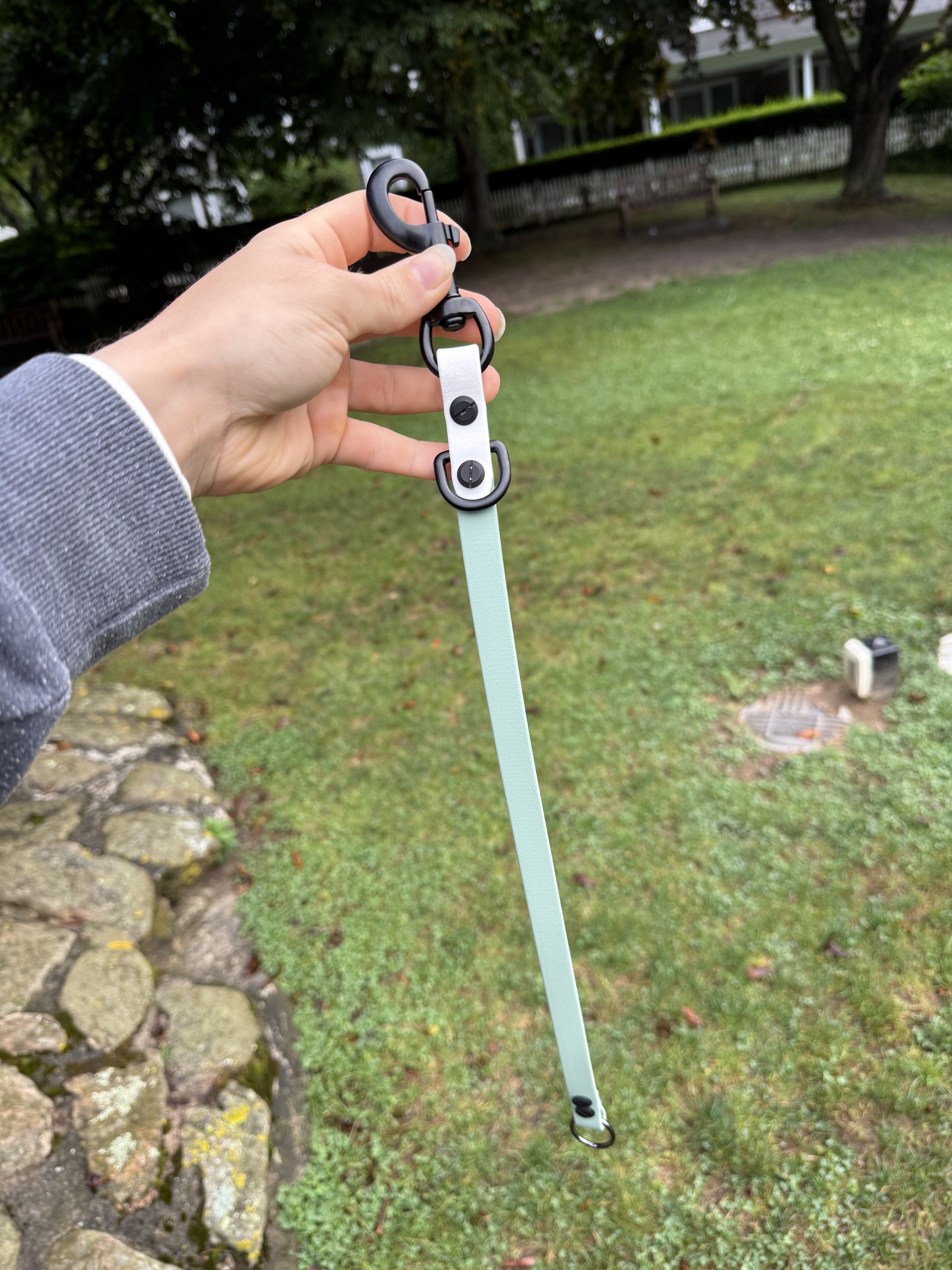Item: Leash extender | Width: 5/8 in | Colors: Sage & White | Hardware: black | Use case: Clips between leash and collar to add length