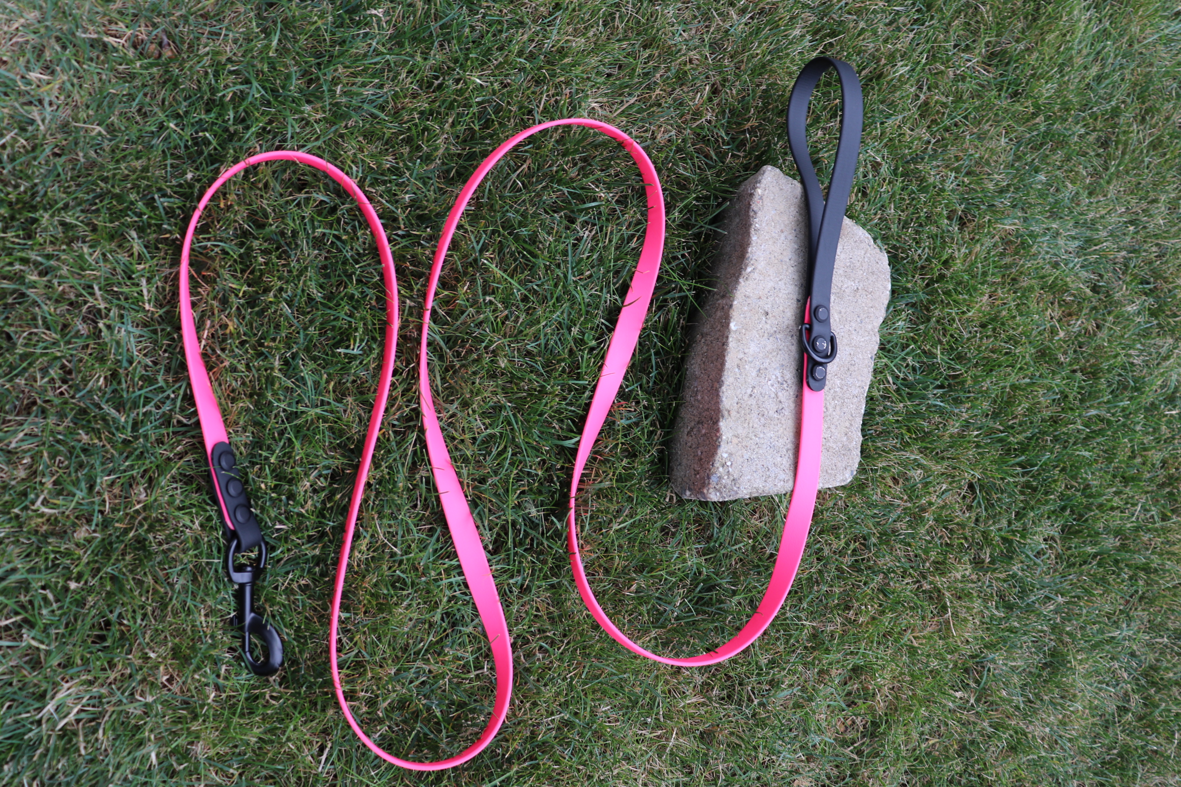 Item: Standard leash | Length: 8 ft | Width: 5/8 in | Colors: Black & Pink | Hardware: black