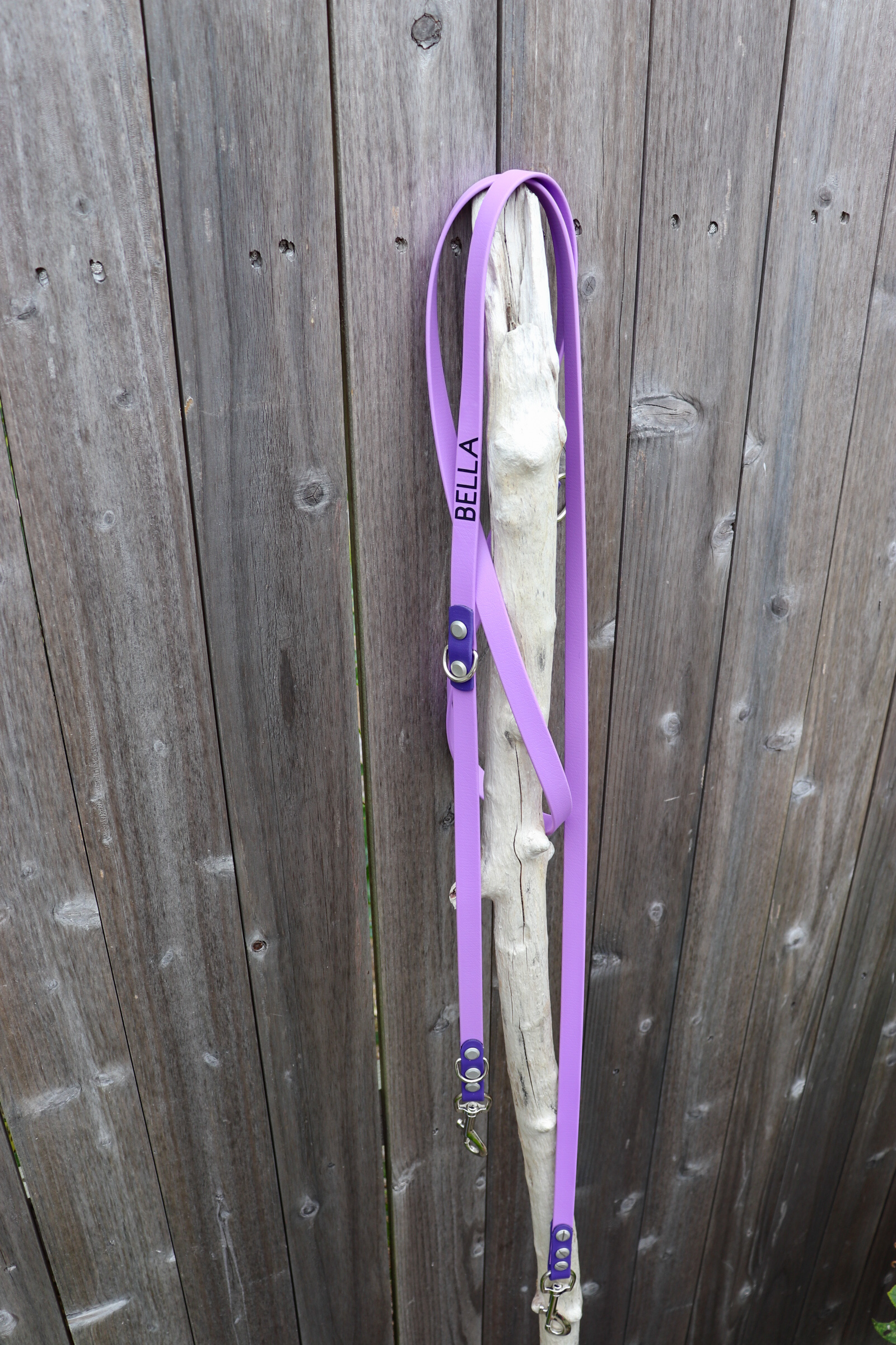 Item: Standard leash upgraded with hands-free attachments | Length: 7 ft | Width: 5/8 in | Colors: Amethyst Purple & Violet | Hardware: silver | Custom: Hands-free attachments and HTV name