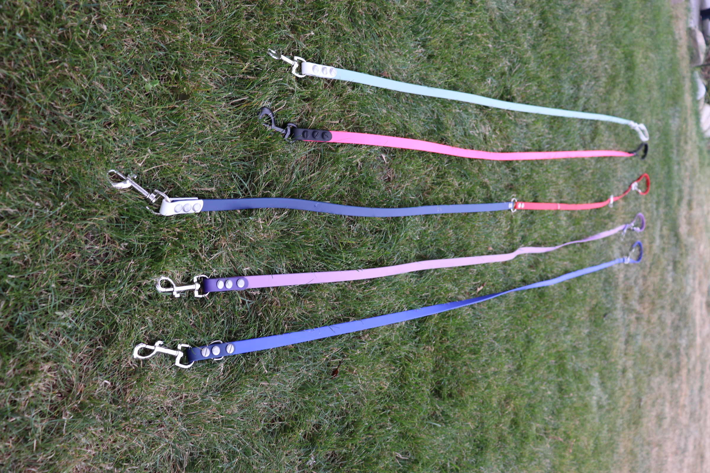 Item: Sample leash styles | Widths: 5/8 in | Colors: Multiple | Hardware: mixed | Custom: Side-by-side comparison of color and style options