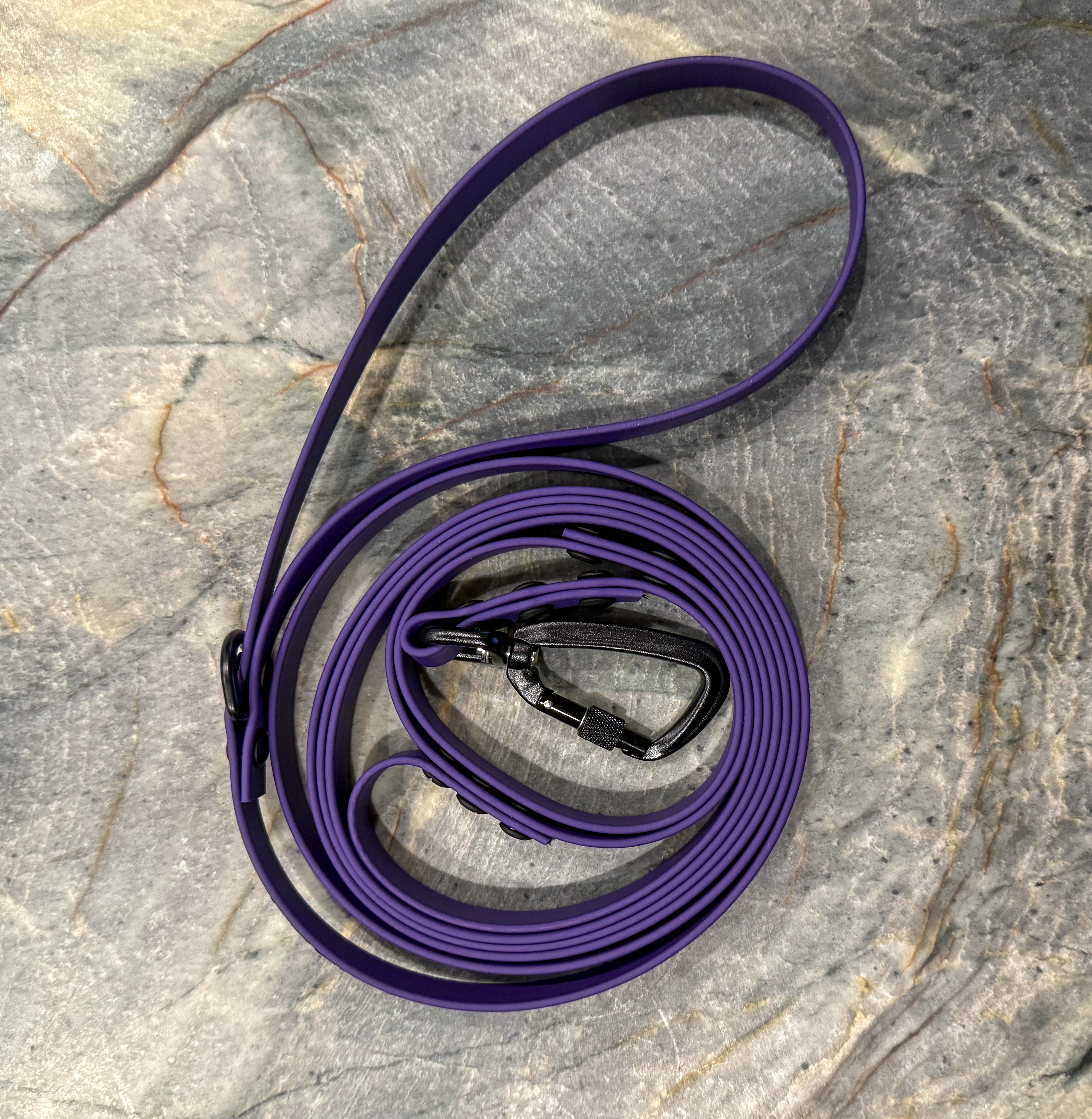 Item: Long line | Length: 12 ft | Width: 5/8 in | Colors: Violet | Hardware: black | Custom: Rolled for storage; ideal for recall training and decompression walks