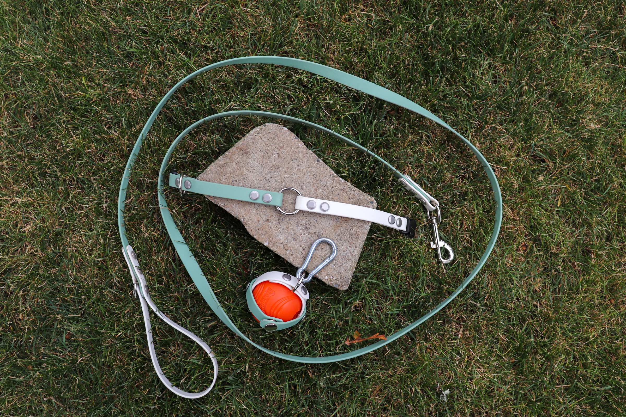 Item: Sage & White set | Includes: Collar + leash + ball holder | Width: 5/8 in | Colors: Sage & White | Hardware: silver | Custom: Matching everyday set