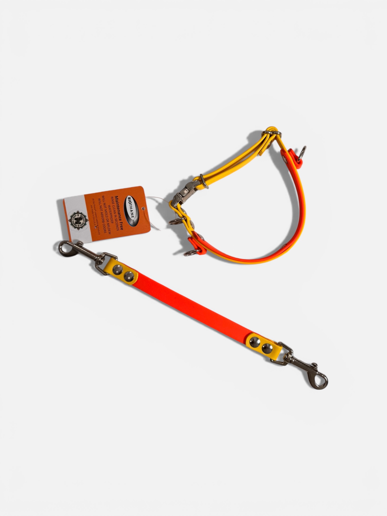 Item: Custom 2-layer collar with detachable handle | Width: Collar is 1 in & 5/8 in, handle is 5/8 in | Colors: Orange base with Yellow accent | Hardware: silver | Custom: Integrated control handle for extra grip or quick grab, plus name detail