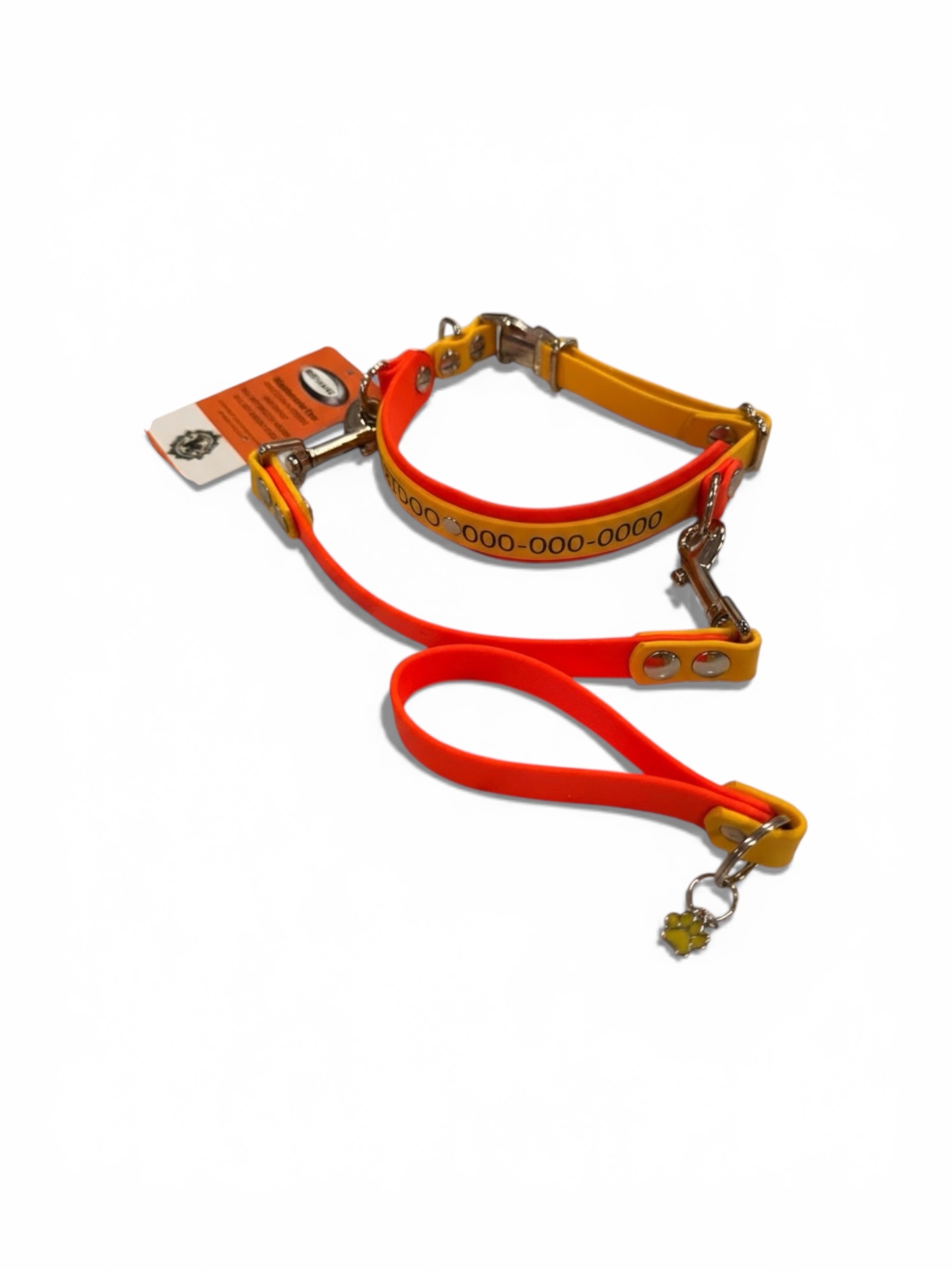 Item: Custom 2-layer collar with detachable handle | Width: Collar is 1 in & 5/8 in, handle is 5/8 in | Colors: Orange base with Yellow accent | Hardware: silver | Custom: Integrated control handle for extra grip or quick grab, plus name detail