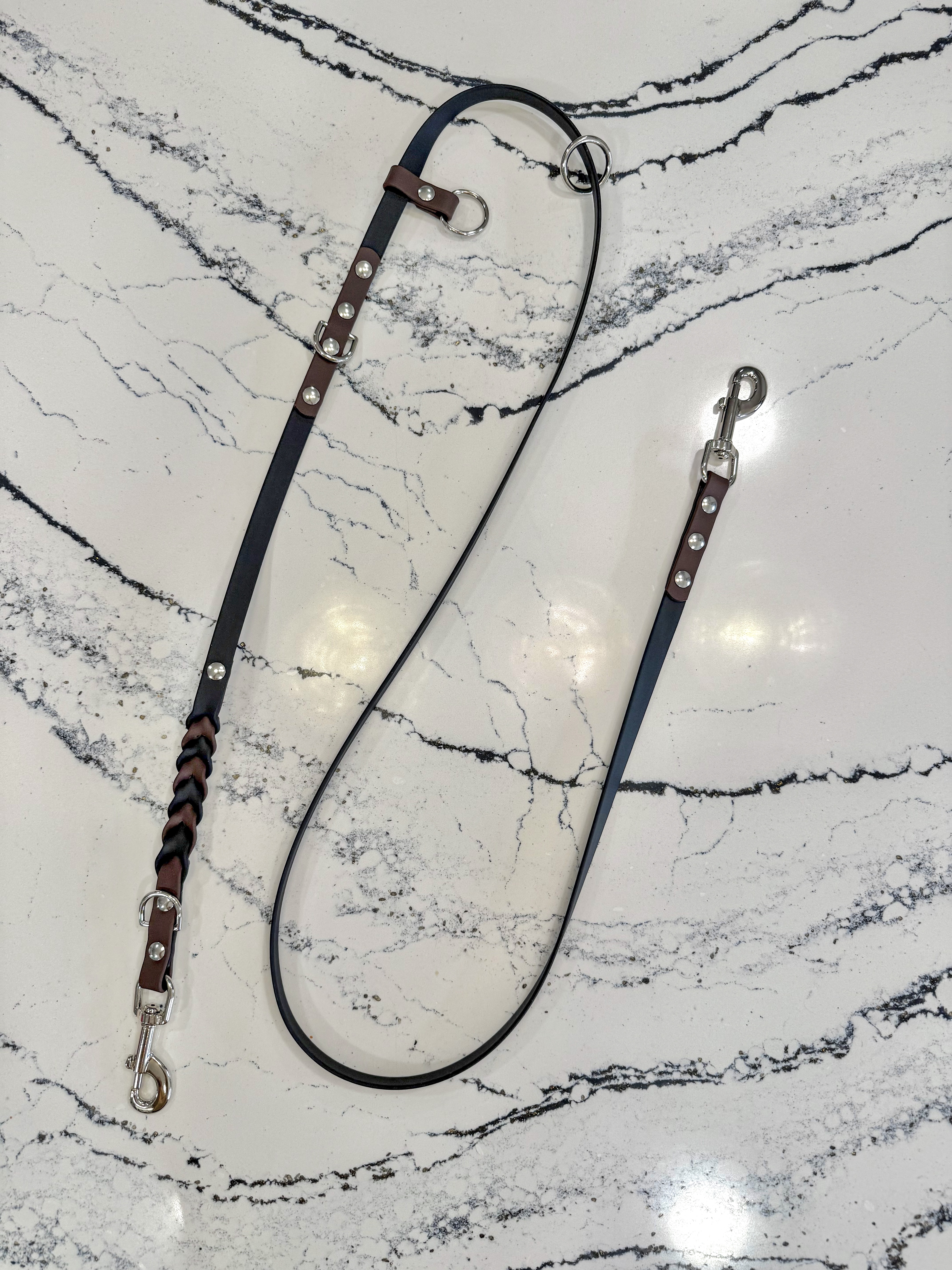Item: Custom braided hands-free leash | Width: 5/8 in | Colors: Black & Dark Brown | Hardware: silver