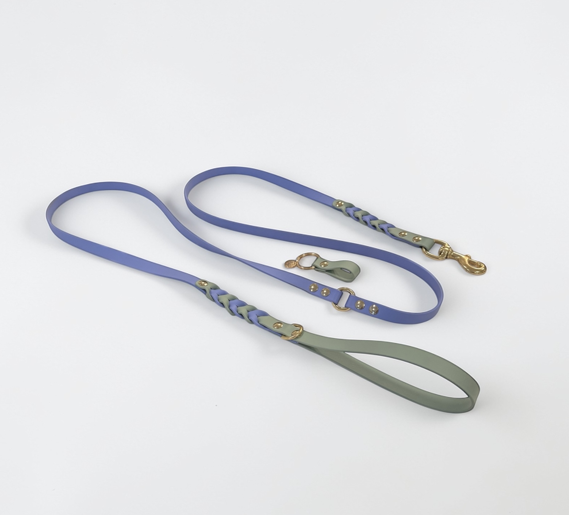 Item: Custom braided leash & matching keychain | Width: 5/8 in | Colors: Sage & Periwinkle Blue | Hardware: brass