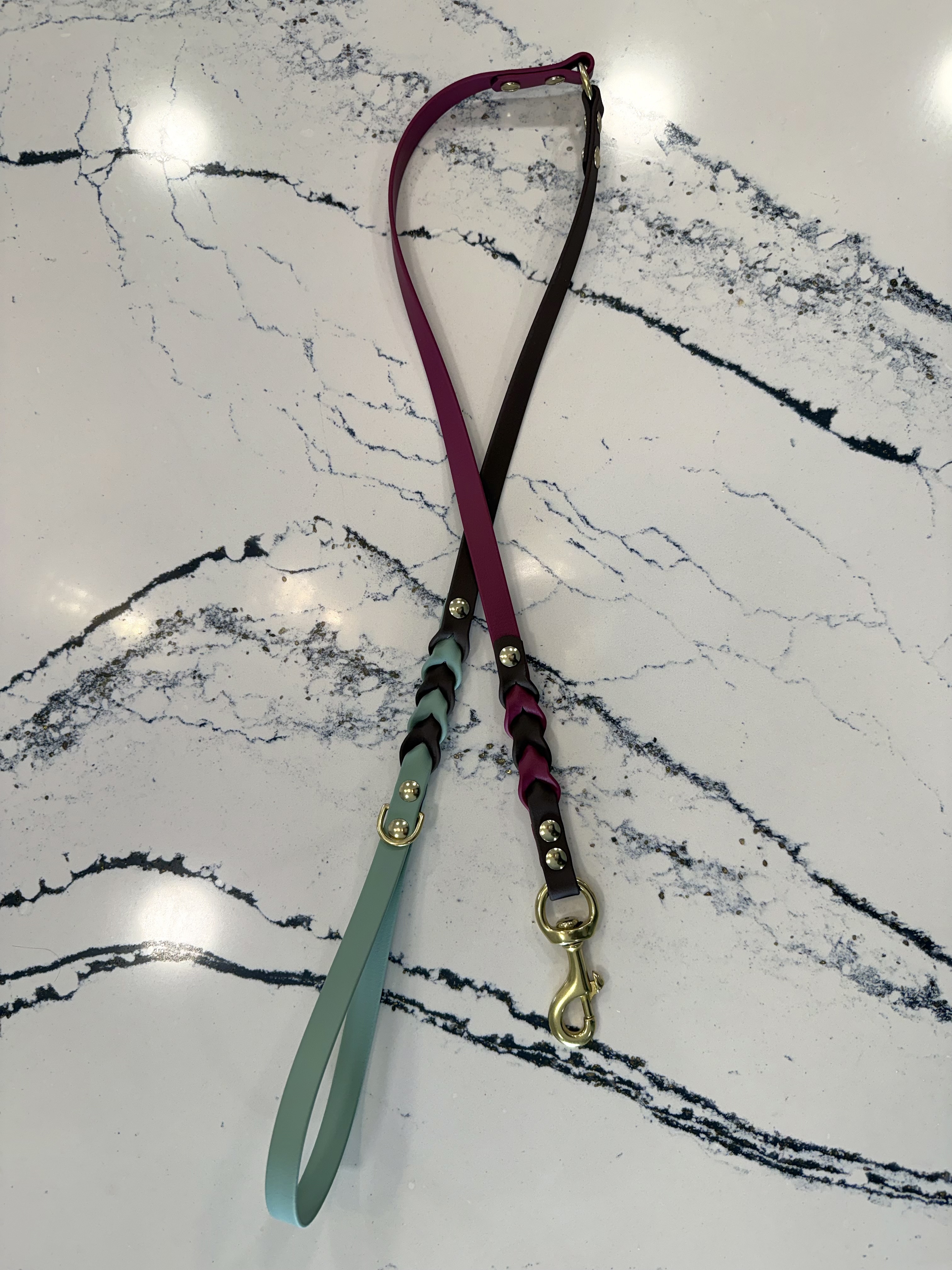 Item: Custom braided leash | Width: 5/8 in | Colors: Sage, Dark Brown, & Wine | Hardware: brass
