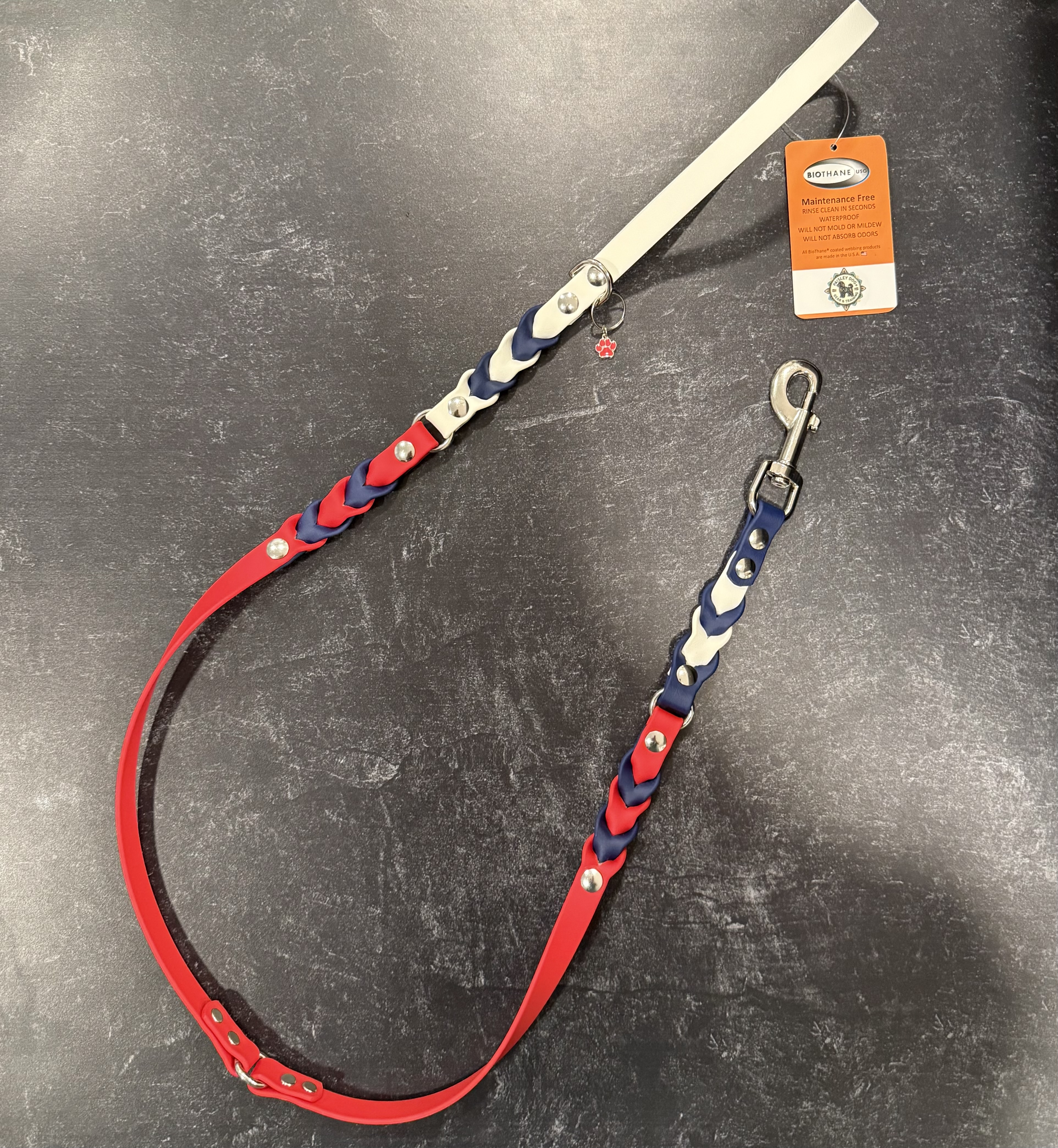 Item: Special custom braided leash for Westminster Dog Show | Width: 5/8 in | Colors: Red, White, and Deep Sea Blue | Hardware: silver
