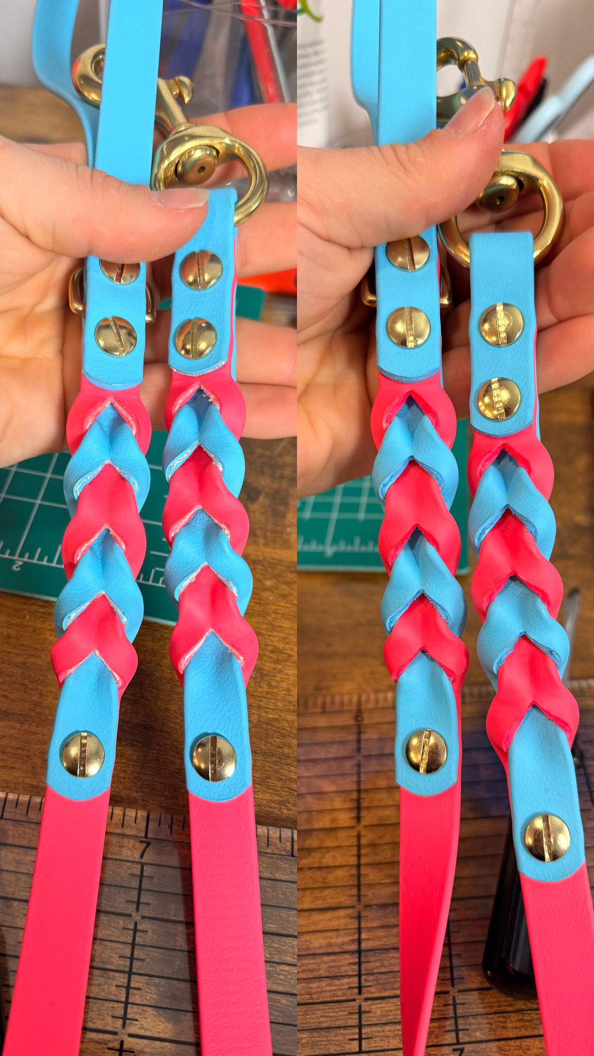 Item: Back side of braided leash before & after sealing | Width: 5/8 in | Colors: Hot Pink & Light Blue | Hardware: brass