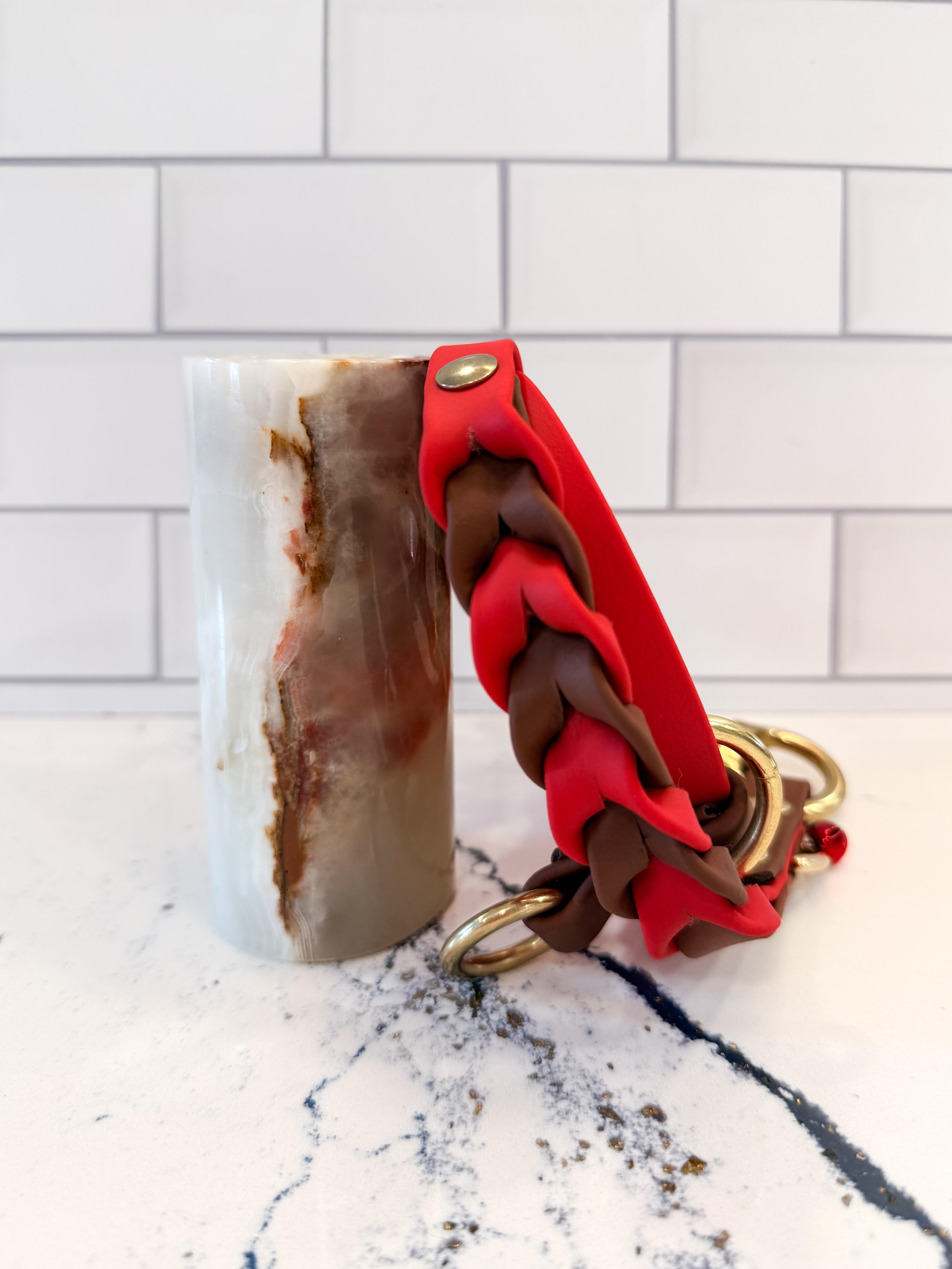 Item: Custom braided leash | Width: 5/8 in | Colors: Red & Brown | Hardware: brass