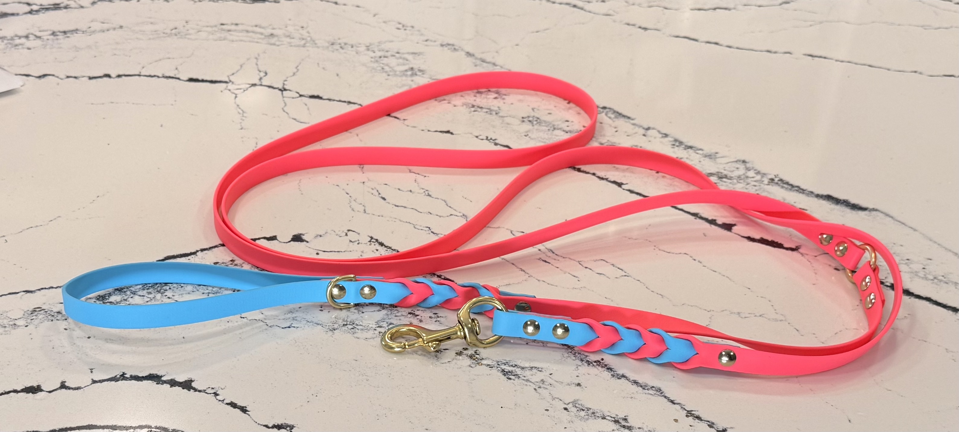 Item: Custom braided leash | Width: 5/8 in | Colors: Hot Pink & Light Blue | Hardware: brass