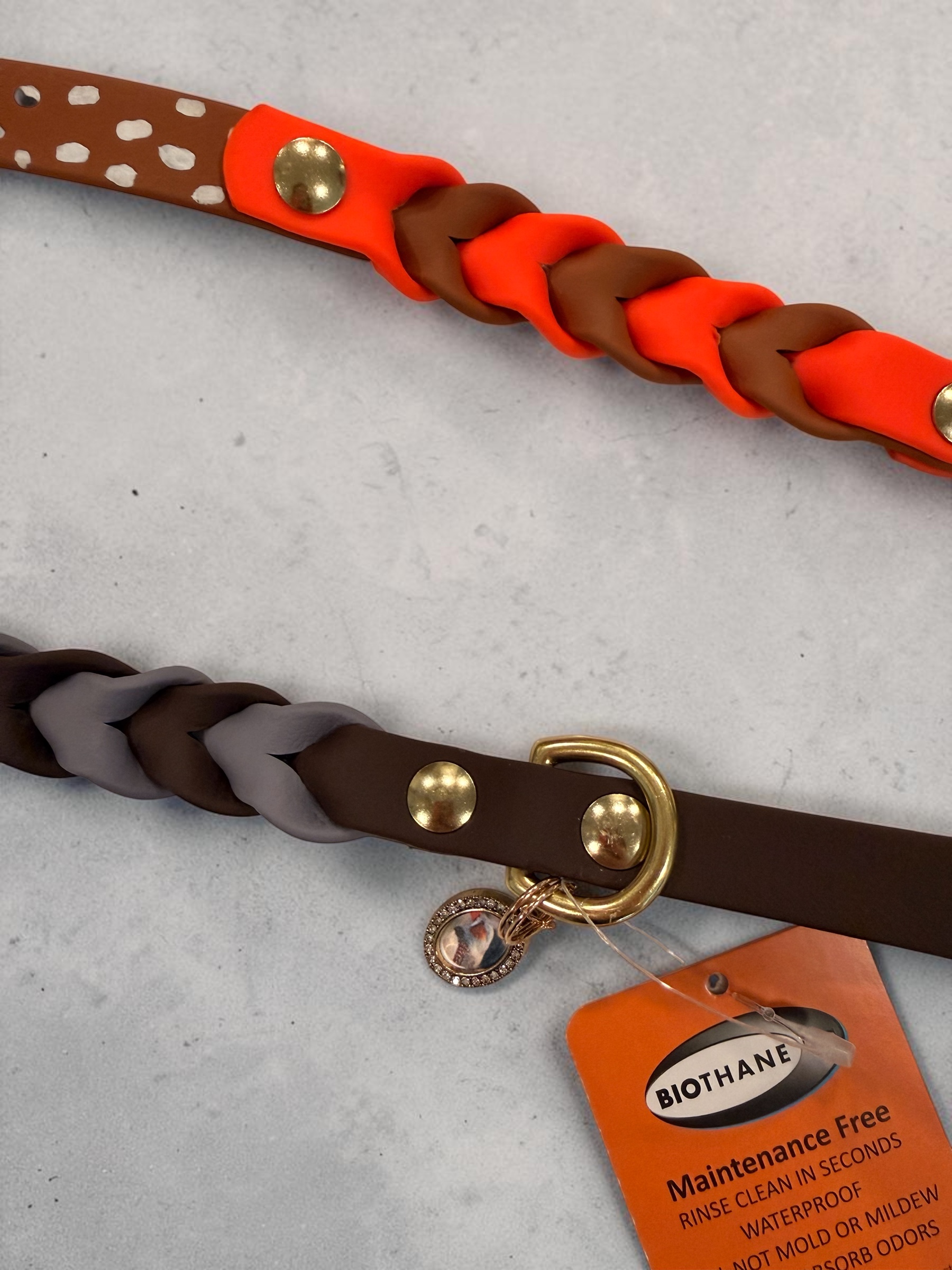 Item: Custom braided leash made to look like Zebra Finch | Width: 5/8 in | Colors: Orange, Light brown with custom white painted dots, Dark Brown, and Gray | Hardware: brass