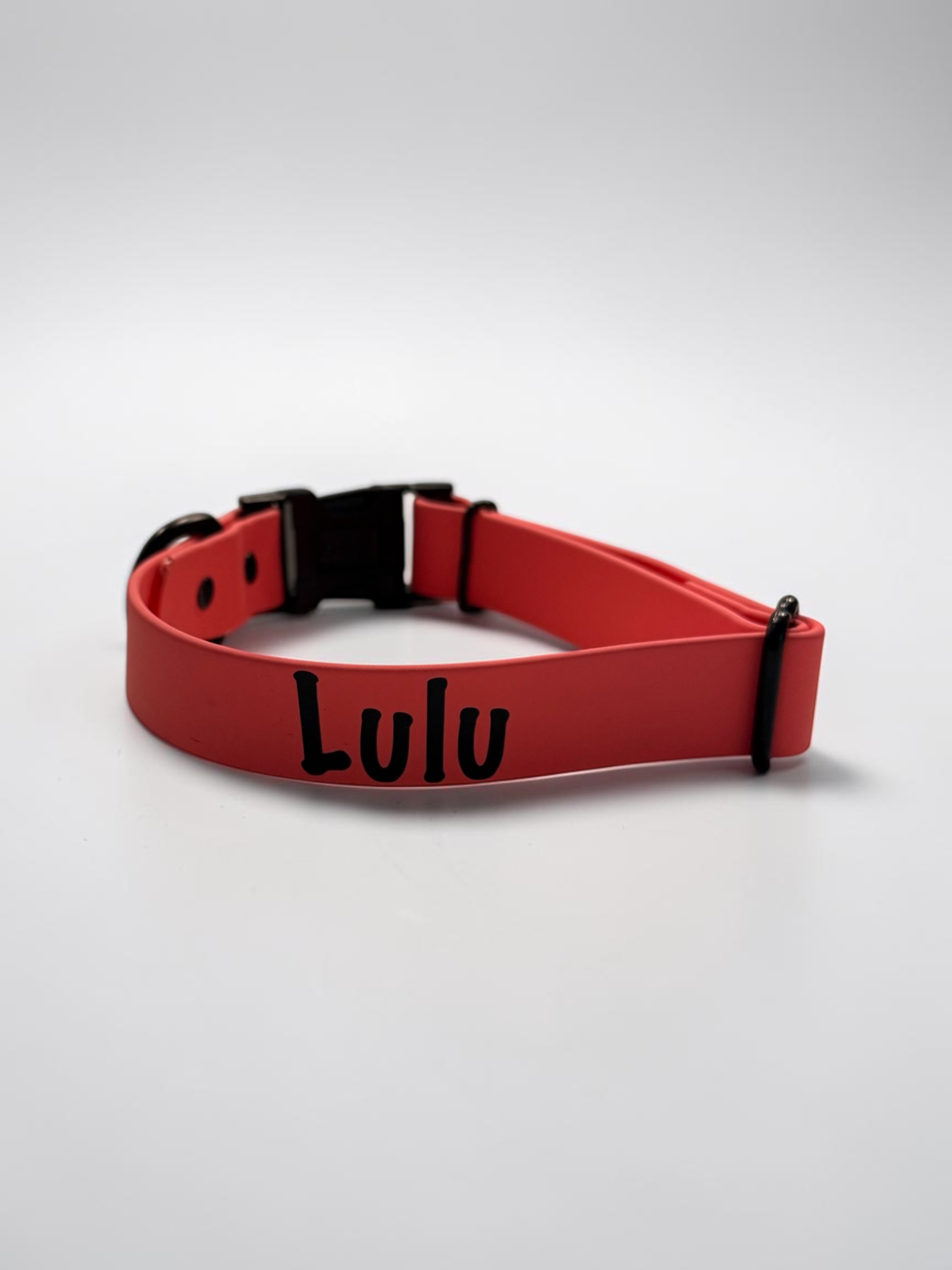Item: Custom Side Release Buckle Collar | Width: 1 in | Colors: Pink Coral | Hardware: Black | Custom: Personalized name 