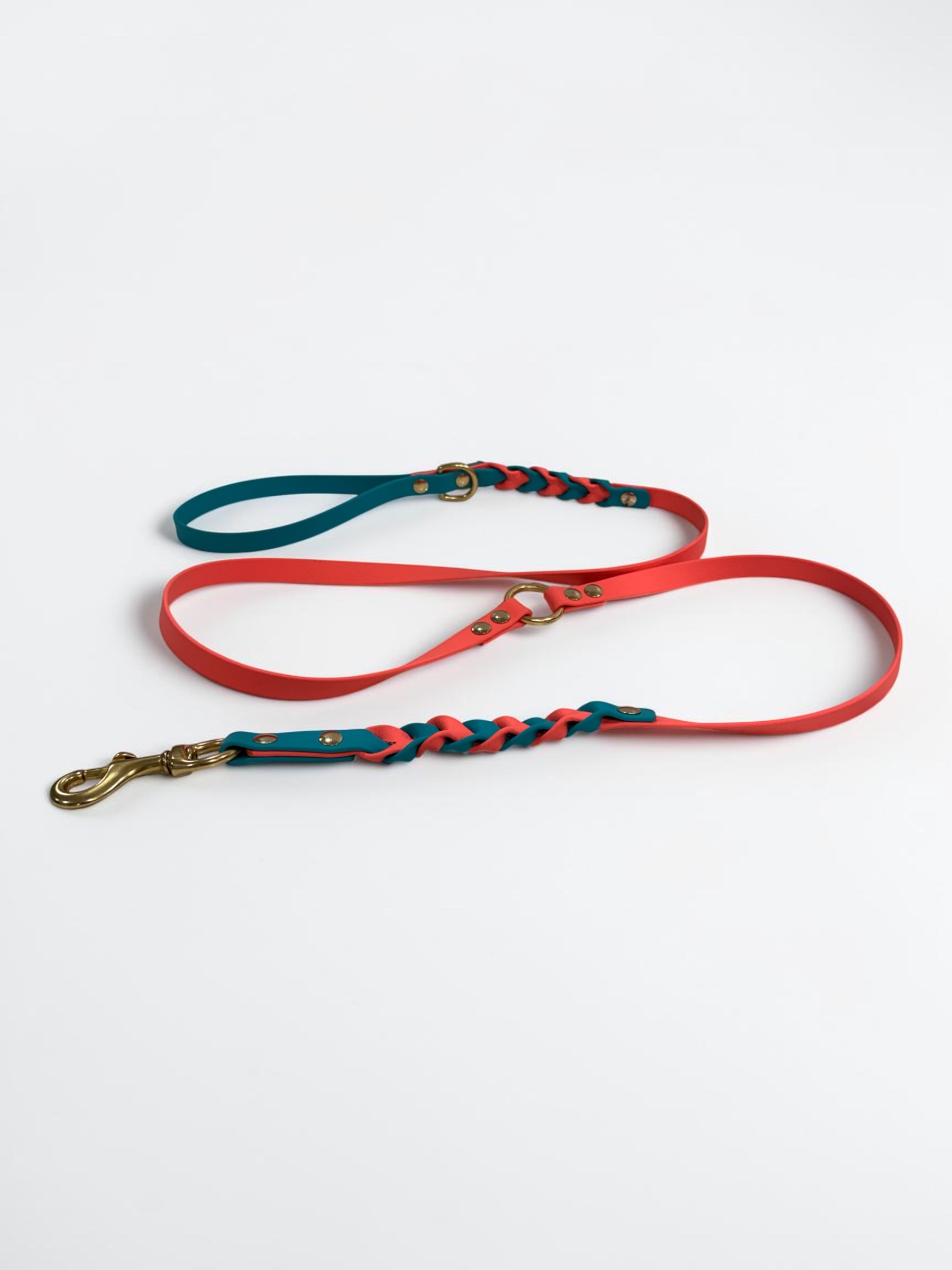Item: Custom braided leash | Width: 5/8 in | Colors: Coral & Teal | Hardware: brass