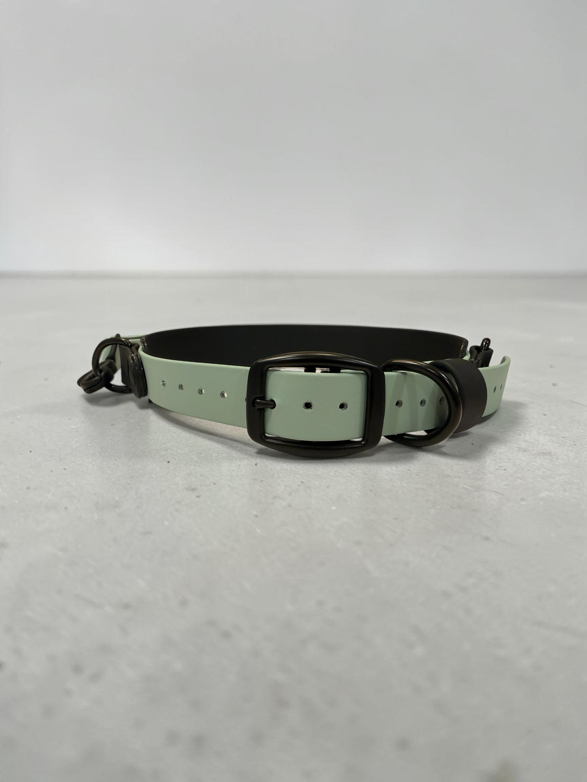Item: Service Dog Collar - 2 layer style with handle add on | Width: 1.5" base 1" overlay | Colors: Sage Green and Black | Hardware: Black