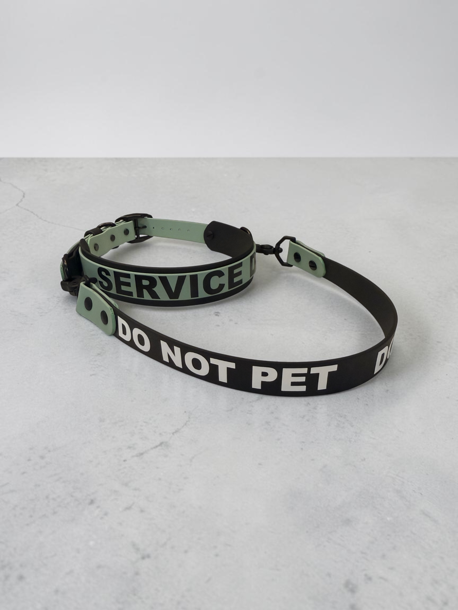 Item: Service Dog Collar - 2 layer style with handle add on | Width: 1.5" base 1" overlay | Colors: Sage Green and Black | Hardware: Black