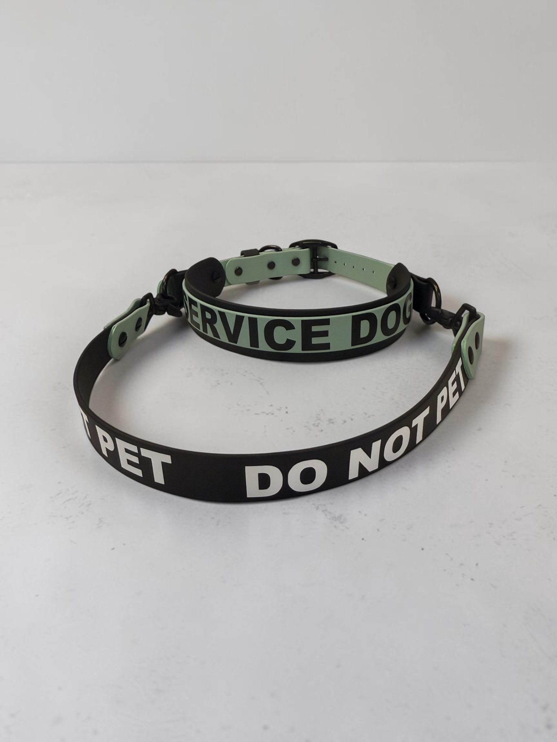 Item: Service Dog Collar - 2 layer style with handle add on | Width: 1.5" base 1" overlay | Colors: Sage Green and Black | Hardware: Black