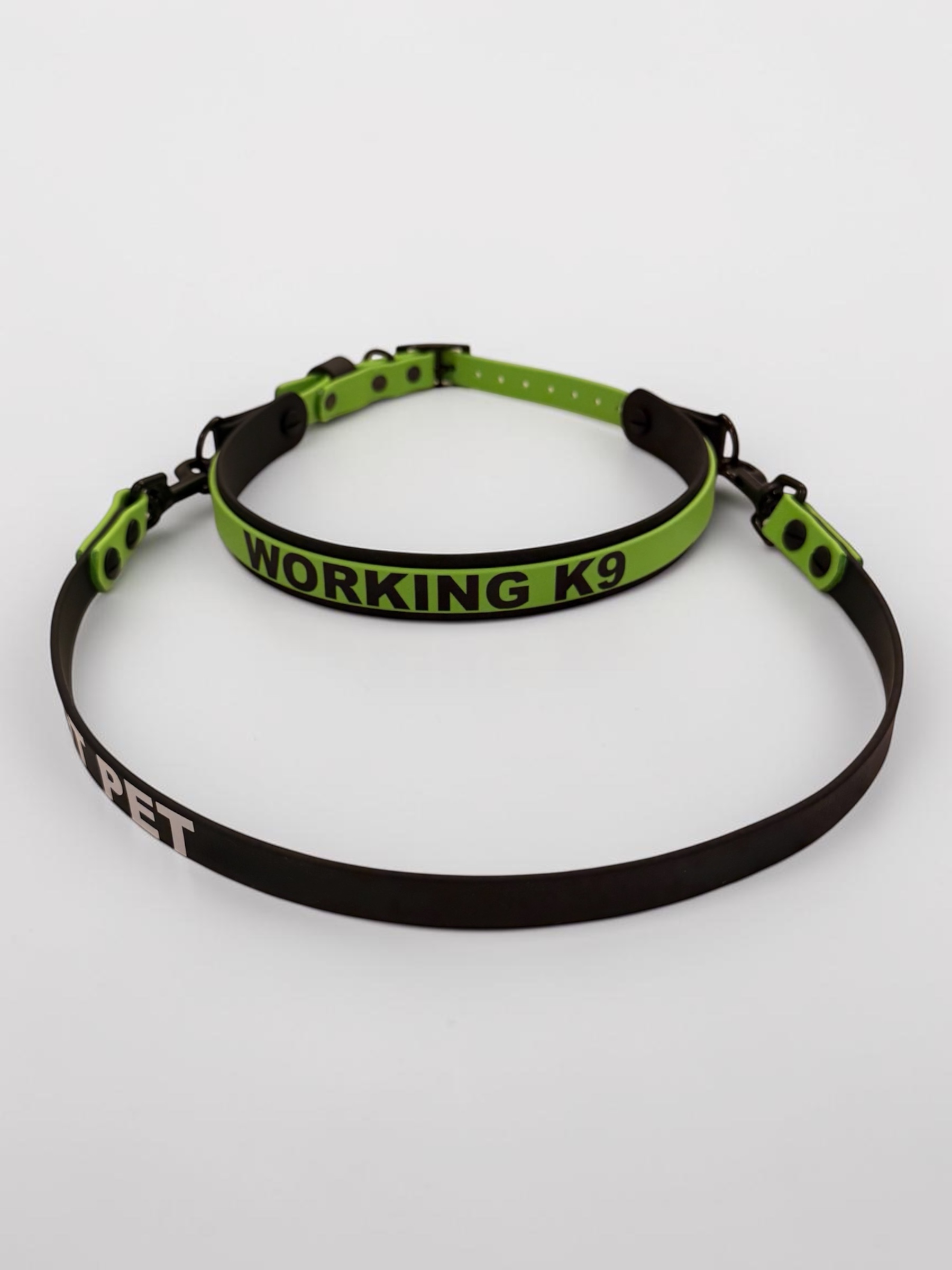 Item: Custom 2-layer collar with detachable handle | Width: Collar is 1 in & 5/8 in, handle is 5/8 in | Colors: Black base with Green (525) accent | Hardware: black | Custom: Integrated control handle for extra grip or quick grab, HTV details on collar and handle