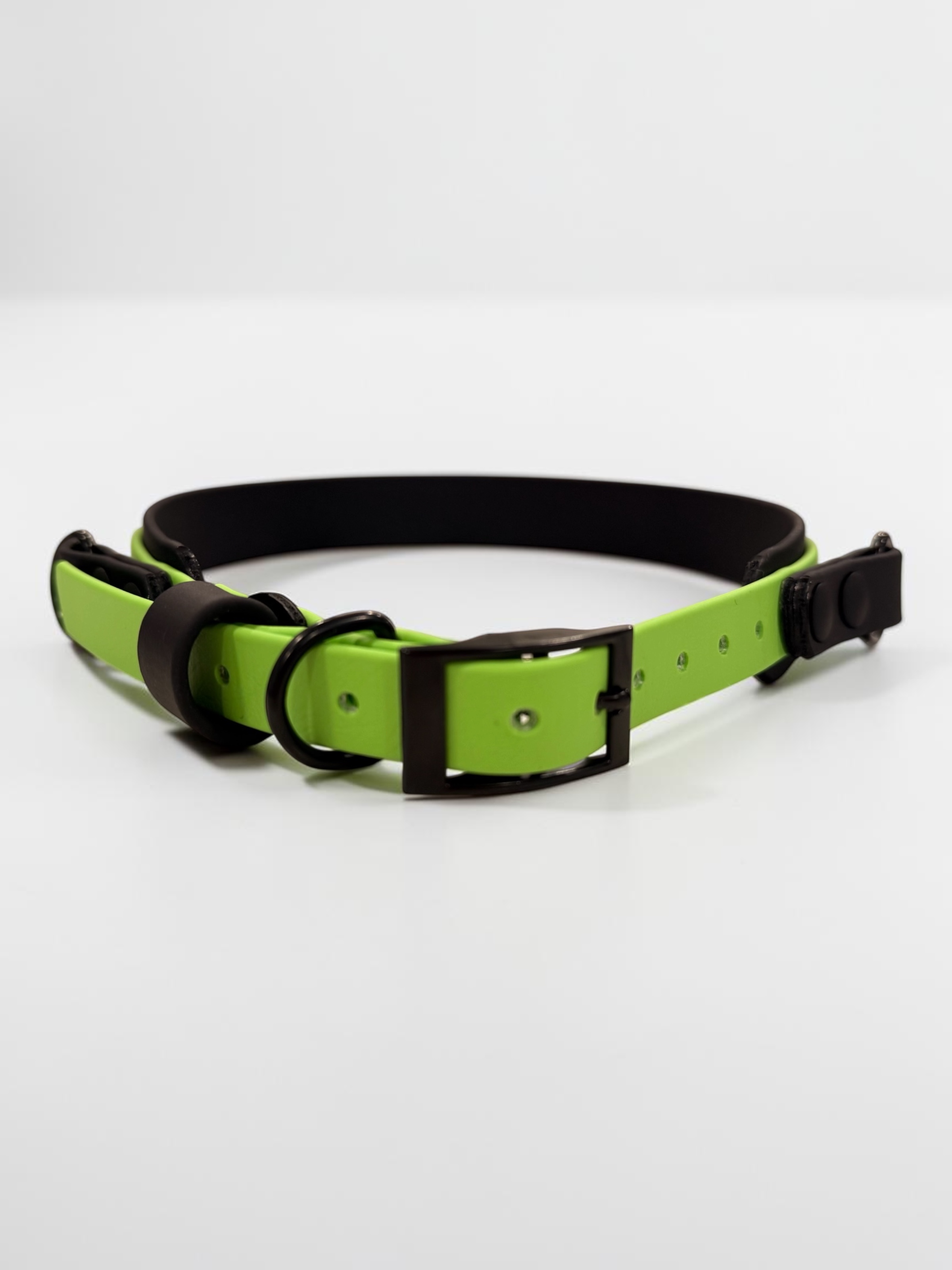 Item: Custom 2-layer collar with detachable handle | Width: Collar is 1 in & 5/8 in, handle is 5/8 in | Colors: Black base with Green (525) accent | Hardware: black | Custom: Integrated control handle for extra grip or quick grab, HTV details on collar and handle