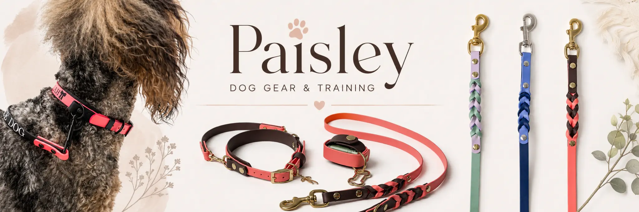 Paisley Dog Gear and Training with Paisley wearing custom gear and a selection of handmade BioThane products