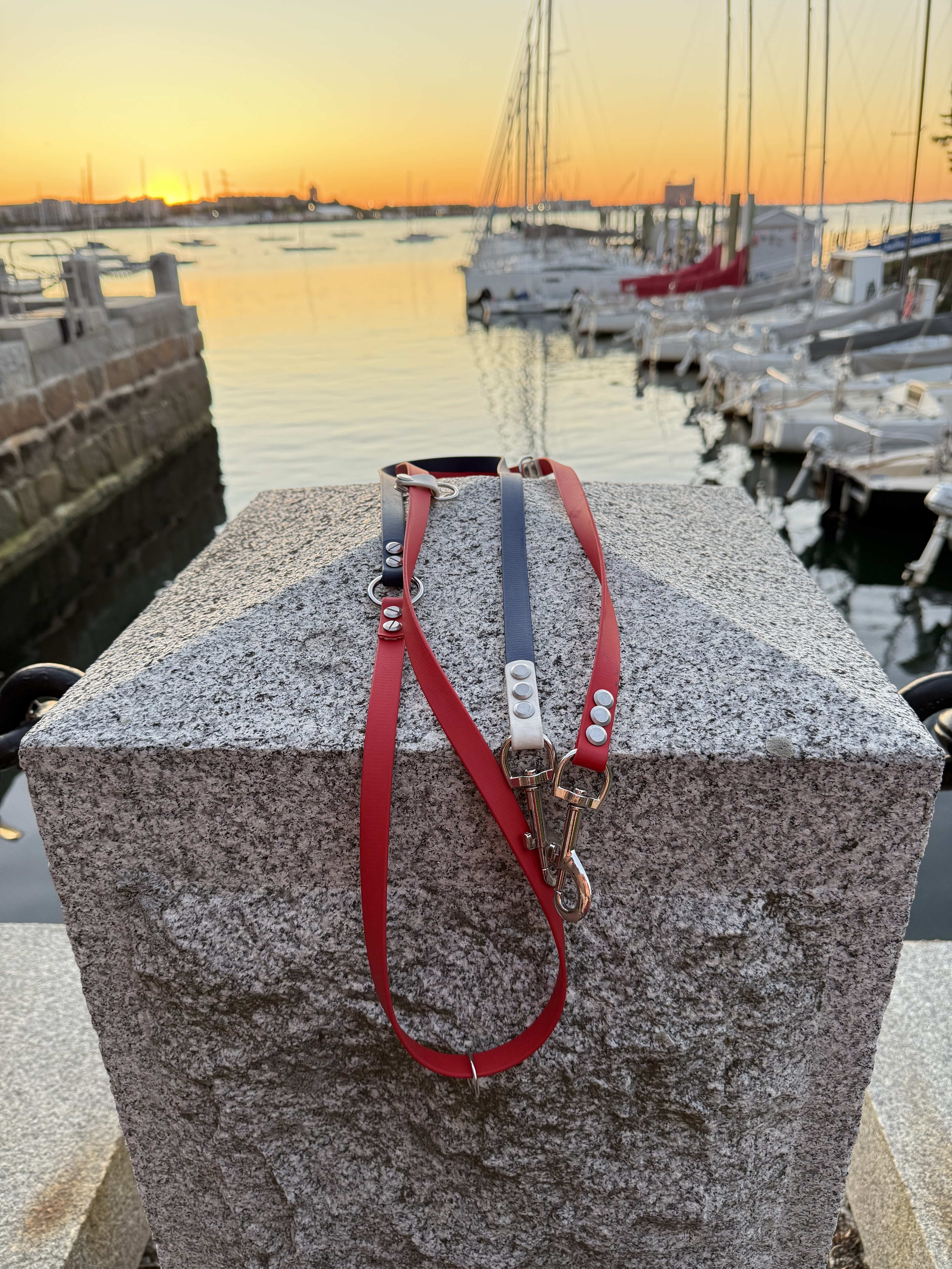 Item: Hands-free leash | Length: 8 ft | Width: 5/8 in | Colors: Red, White & Blue with Deep Sea | Hardware: silver | Custom: Convertible patriotic hands-free setup