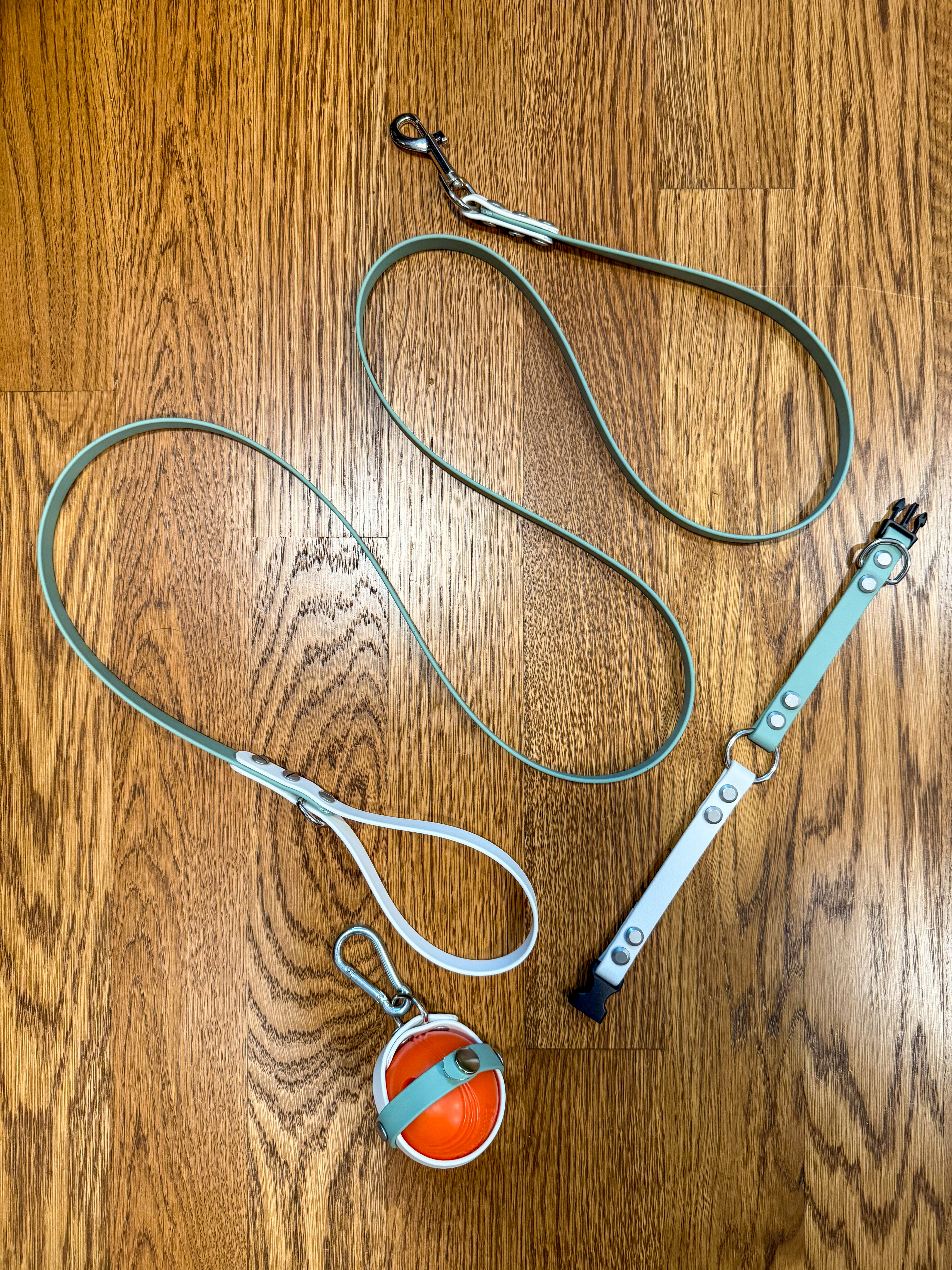 Item: Sage & White set | Includes: Collar + leash + ball holder | Width: 5/8 in | Colors: Sage & White | Hardware: silver | Custom: Matching everyday set